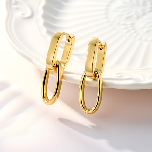 Silver Dangle Double Hoop Earrings For Women Paperclip Link Earring | Drop Small Silver Earrings Square Huggie Paperclip Dangly Hoop Silver Hoops Earrings Jewelry - color: 14K Gold