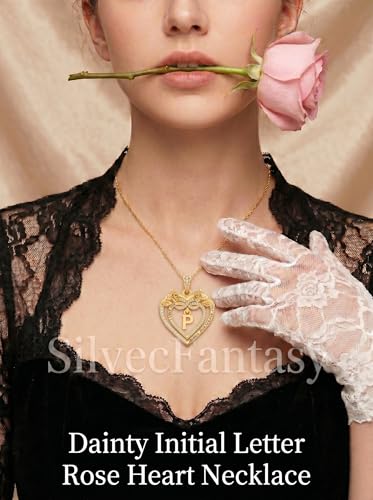 14K Gold Initial Letter Rose Heart Pendant Necklace for Women, Anniversary Birthday Jewelry Gifts for Wife Mom Grandma Sister Daughter, I Love You for Always And Forever - style: 14K Gold-P