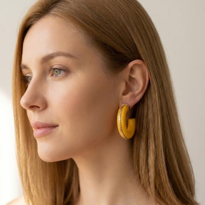 Gold Plated Resin Chunky Hoop Earrings Hypoallergenic Push Back Hoops for Sensitive Ears - color: Lemon Yellow