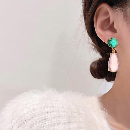 Crystal Earrings CXUEMH Teardrop Earrings for Women Blue and Green Dangle Earrings Elegant Earrings for Prom Emerald Green Earrings Formal Jewelry Crystal Drop Earrings - color: green and pink