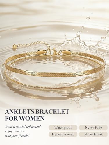 U7 Silver/Gold/Black Ankle Bracelets for Women Layered Chain Anklets | Stainless Steel Anklets Waterproof Summer Beach Anklet Charm, Adjustable 8.5"-10.5",Layered Anklet Fashion - color: Gold - Flat Snake Chain+Snake Chain