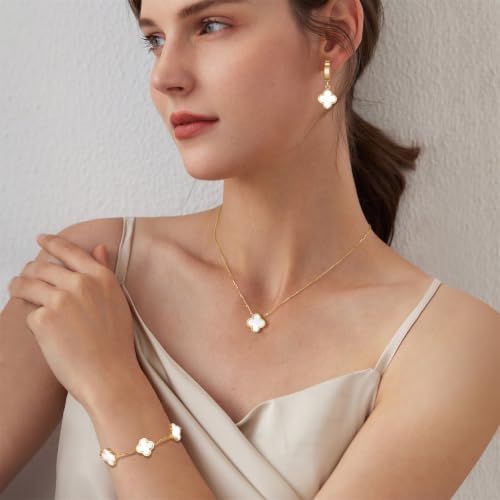 18K Gold Plated Lucky Clover Jewelry Set, Birthday Gifts for Women | Stainless Steel Hypoallergenic,Black White Red Four Leaf Clover Bracelet Necklace Earrings set, Daily Wear, Gifts for Women - color: Clover Set-White