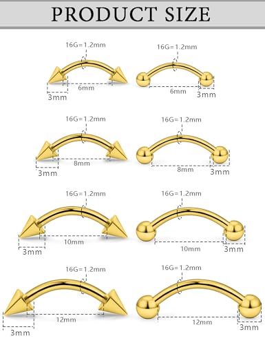Eyebrow Piercing Jewelry Surgical Steel Curved Barbell Tiny Eyebrow Ring Vertical Labret Lip Jewelry Ear Rook Navel Small Belly Button Ring for Women Men 20g 16g 6mm/8mm/10mm/12mm - color: Gold tone Eyebrow Piercing Jewelry 16G