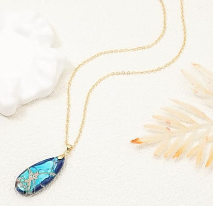 Stone Necklaces for Women Teardrop Gemstone Pendant Necklace Natural Stone Chain Necklaces - color: Blue