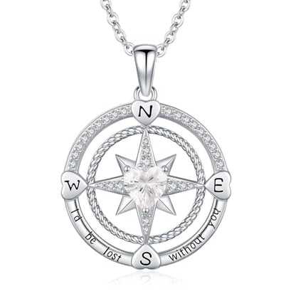 Compass Birthstone Necklace for Women S925 Sterling Silver with Cubic Zirconia - Birthday Jewelry gift for her, Girlfriend, Wife, Mom on Birthday, Anniversary - color: 04-Cubic Zirconia