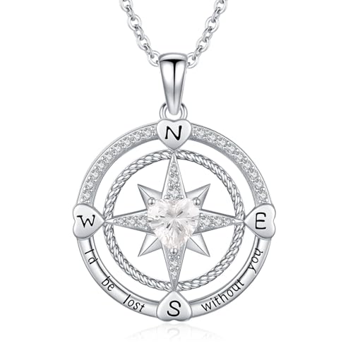 Compass Birthstone Necklace for Women S925 Sterling Silver with Cubic Zirconia - Birthday Jewelry gift for her, Girlfriend, Wife, Mom on Birthday, Anniversary - color: 04-Cubic Zirconia