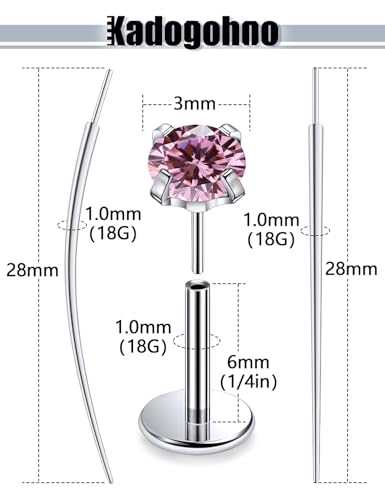F136 Titanium 20/18/16g Internally Threaded Medusa Monroe Lip Ashley Labret Nose Rings Flat Back Tragus Helix Cartilage Conch Screw Stud Earrings Surgical Steel Piercing Jewelry for Women - color: Pink CZ, size: 18g*1/4in