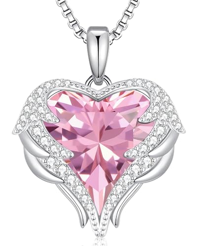 CDE Angel Wings Heart Birthstone Pendant Necklace Gift for Women | Silver/Gold Tone,Ideal Birthday & Anniversary Jewelry Gift for Wife,Girlfriend,Her - color: White-10-Opal Pink Birthstone