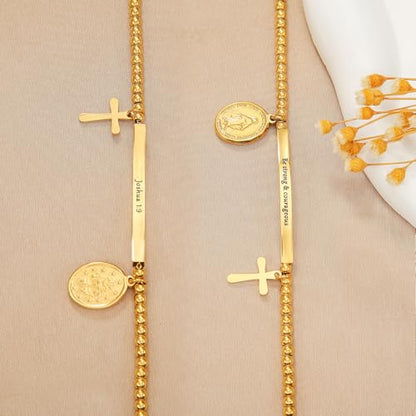 DS Inspirational Bracelet for Women Christian Engraved Bibler Verse Cross Butterfly Daisies Charm Bracelet, Exquisite Stainless Steel Jewelry Daughter Best Friend Bestie - style: Be strong & courageous-Gold