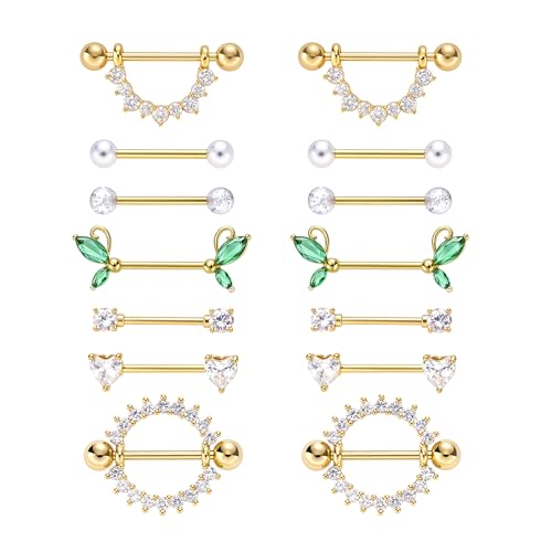 G&O JFU 7 Pairs 14G Nipple Rings Set – Stainless Steel Straight Barbell with CZ Stones, Gold Plated & Silver Tone, Butterfly Back Pink Nipple Piercing Jewelry for Women - color: Gold Plated Clear Nipple Piercing Jewelry