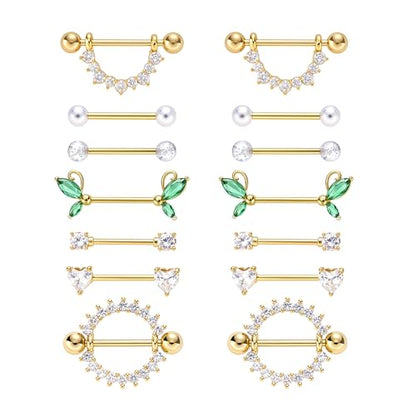 G&O JFU 7 Pairs 14G Nipple Rings Set – Stainless Steel Straight Barbell with CZ Stones, Gold Plated & Silver Tone, Butterfly Back Pink Nipple Piercing Jewelry for Women - color: Gold Plated Clear Nipple Piercing Jewelry