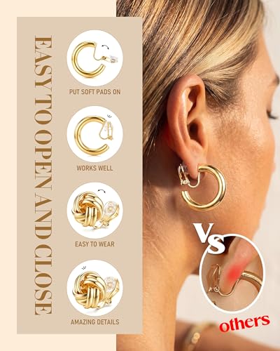 10/11/12 Pairs 16K Gold Plated Clip on Hoop Stud Earrings Set for Women | Non Pierced Earring Set with Chunky Pearl, Twisted CZ Studs and Cute Dainty Dangles, Comfortable Aesthetic Daily Earrings