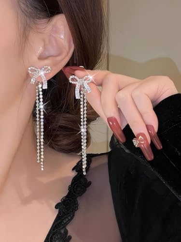 Gold Bow Earrings for Women, Long Tassel Chain Drop Earrings, Trendy Small Bow Earrings, Ribbon Waterfall Dangling Earrings, Pearl Bow Earrings, Sparkly Elegant Bowknot Preppy Jewelry Gifts for Women - color: Gold Bow-N