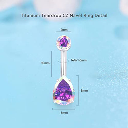 limerencia 14G G23 Titanium Belly Button Ring with Small Teardrop Cubic Zirconia 10mm Internally Threaded Navel Piercing Jewelry - color: Aurora Borealis