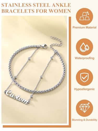 Custom4U Custom Name Anklet Bracelets for Women Waterproof Beaded/Figaro/Cuban/Rope/Wheat Chain Anklet Stackable Gold Plated Non Tarnish Custom Beach Gift Barefoot Summer Jewelry for Her - color: D02-Silver Wheat Chain