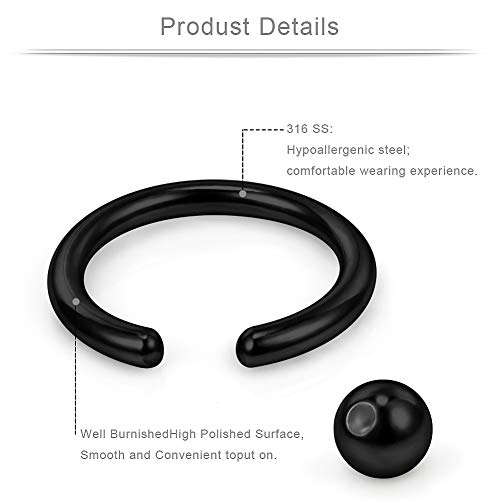 Ruifan 20G 16G 14G 12G Surgical Steel Captive Bead Nose Hoop Septum Earring Eyebrow Tongue Lip Nipple Helix Tragus Piercing Rings 8mm,10mm,12mm,14mm - color: 12PRS - Black
