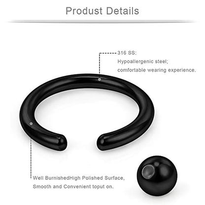 Ruifan 20G 16G 14G 12G Surgical Steel Captive Bead Nose Hoop Septum Earring Eyebrow Tongue Lip Nipple Helix Tragus Piercing Rings 8mm,10mm,12mm,14mm - color: 12PRS - Black