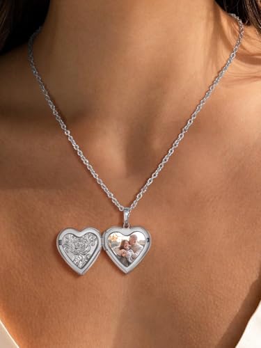 FindChic Locket Necklace for Women Custom Photo Memorial Gifts 4 Colors | Silver/Black/Rose Gold/Gold Plated Personalized for Loved Ones, Birthday Valentine's Day Keepsake - style: 12. Rose Relief (DIY)-Silver