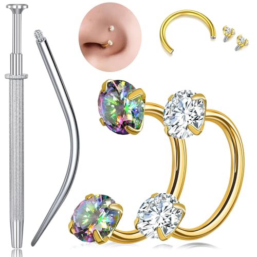 G23 Titanium Horseshoe Nose Ring 20G, 2 Pcs Double Gem Nose Ring for Women, 6mm 7mm 8mm Hypoallergenic Horseshoe Nose Rings Helix Tragus Earring Hoops Labret Lip Piercing Jewelry Small Septum Rings - color: 20G-8mm-2Pcs Gold-White & Rainbow CZ