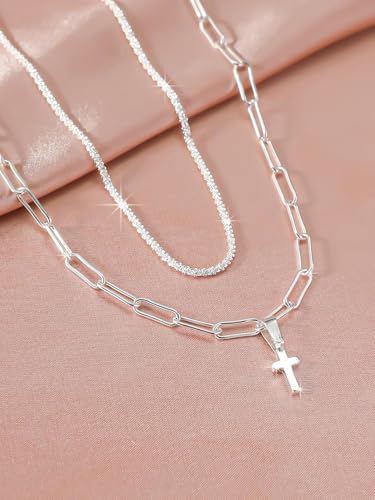 Cross Necklace 14K Silver Plated Dainty Small Pendant Choker Simple Trendy Cute Charm Chain Faith Jewelry Religious Minimalist Gift - style: 14 Silver Paperclip+Cross
