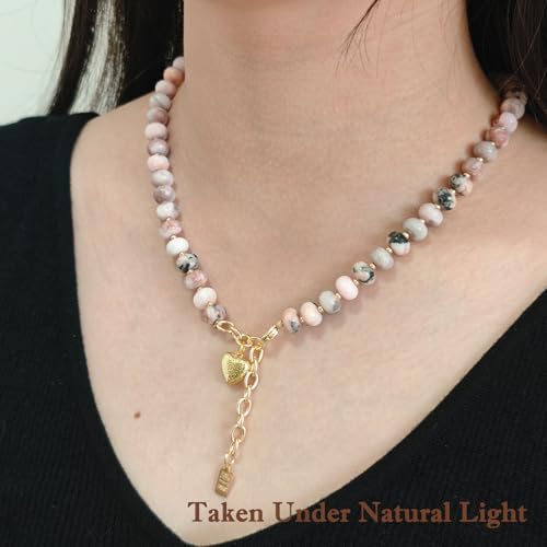 Boho Gemstone Beaded Necklace for Women – Colorful Natural Stone Choker 18K Solid Heart-Shaped Pendant, Summer Beach Jewelry - color: Pink Zebra Jasper
