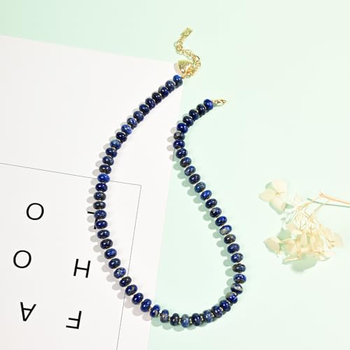 Boho Gemstone Beaded Necklace for Women – Colorful Natural Stone Choker 18K Solid Heart-Shaped Pendant, Summer Beach Jewelry - color: Lapis Lazuli