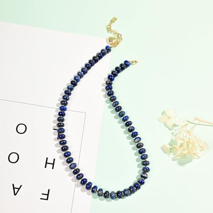 Boho Gemstone Beaded Necklace for Women – Colorful Natural Stone Choker 18K Solid Heart-Shaped Pendant, Summer Beach Jewelry - color: Lapis Lazuli