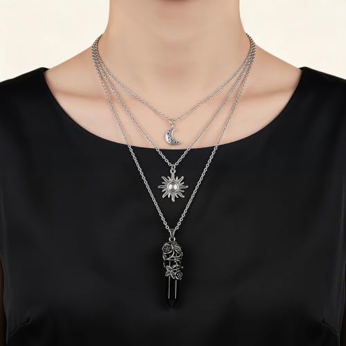 Gothic Emo Grunge Crescent Moon Layered Choker for Women | Boho Moon Sun Star Crystal Pendant Necklace, Punk Witchy Halloween Christmas Jewelry Accessories Gifts - color: Black