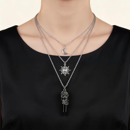 Gothic Emo Grunge Crescent Moon Layered Choker for Women | Boho Moon Sun Star Crystal Pendant Necklace, Punk Witchy Halloween Christmas Jewelry Accessories Gifts - color: Black