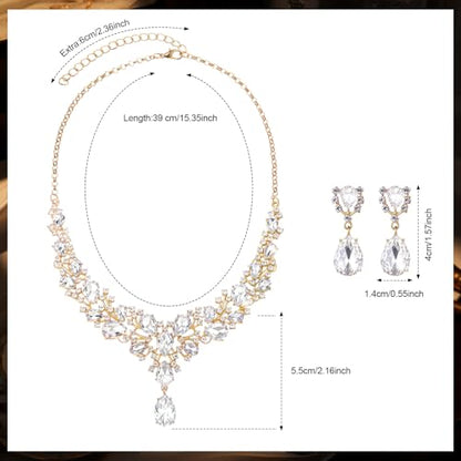 Hicarer Bridal Teardrop Cluster Crystal Jewelry Set for Women Necklace Earrings Wedding - color: White Gold