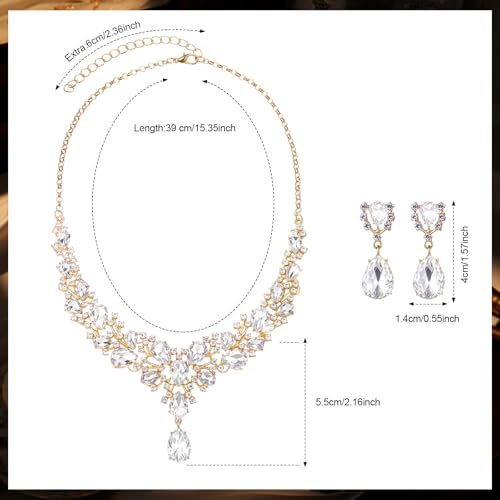 Hicarer Bridal Teardrop Cluster Crystal Jewelry Set for Women Necklace Earrings Wedding - color: White Gold