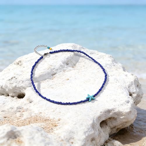Seed Bead Choker Necklace for Women Bohemian Tiny Beads Choker Colorful Rice Bead Starfish Choker Summer Surfer Beach Necklace Jewelry Gift - color: Blue Plus