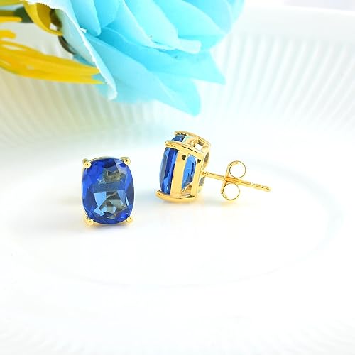 Women's 18K Gold Plated 8x10mm Princess Cut Gemstone Stud Earrings – Birthstone Jewelry for Her – Classic Cushion Studs - color: Blue Sapphire