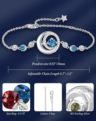 FANCIME Birthstone Bracelets 925 Sterling Silver Moon and Star Bangle Charm Bracelet Fine Jewelry Anniversary Birthday Mothers Day Gifts for Mom Her Women, Adjustable Chain 6.7"+1.2" Extend - color: link-12-london blue topaz