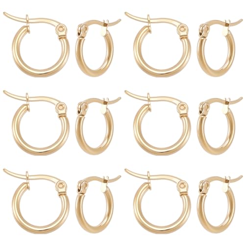 Beebeecraft 1 Box 12 Pairs Round Earring Hoops 18K Gold Plated Stainless Steel 15mm Circle Rings French Small Decorative Jewelry Hoop Earrings Rings for Women Ear Piercing Jewelry Crafts DIY Decor - size: 15x2mm
