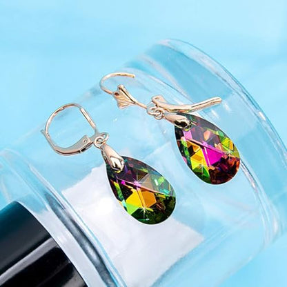 Austrian Crystal Teardrop Leverback Dangle Earrings for Women Fashion 14K Gold Plated Hypoallergenic Jewelry - color: Vitrail Medium