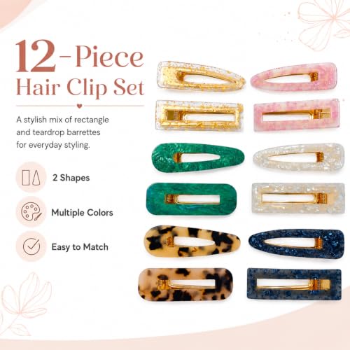 Parcce 12 Pcs Acrylic Resin Marble Hair Clips for Women Girls, 2.60-2.68 Inch Medium Decorative Barrettes, Rectangle & Teardrop Side Hair Clips with Metal Clip for Daily Styling