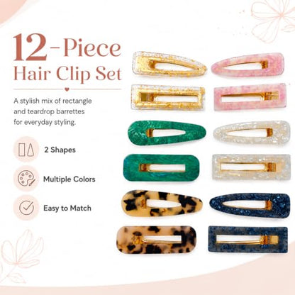 Parcce 12 Pcs Acrylic Resin Marble Hair Clips for Women Girls, 2.60-2.68 Inch Medium Decorative Barrettes, Rectangle & Teardrop Side Hair Clips with Metal Clip for Daily Styling