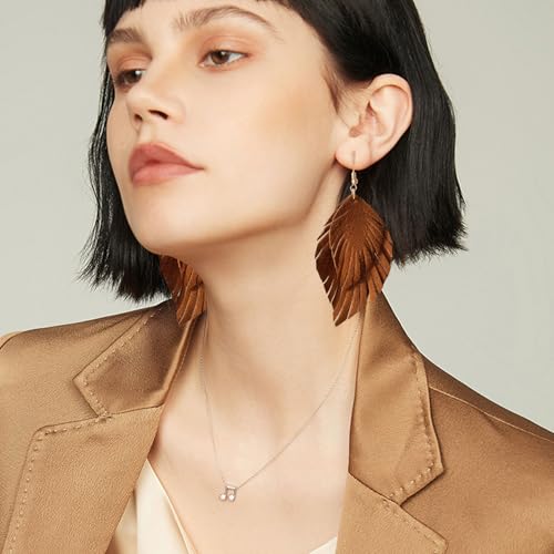 Handmade Bohemian Large Soft Genuine Leather Fringe Double Feather Dangle Drop Earrings Lightweight Simple Color PU Leaf Hook Earrings for Women - color: Brown