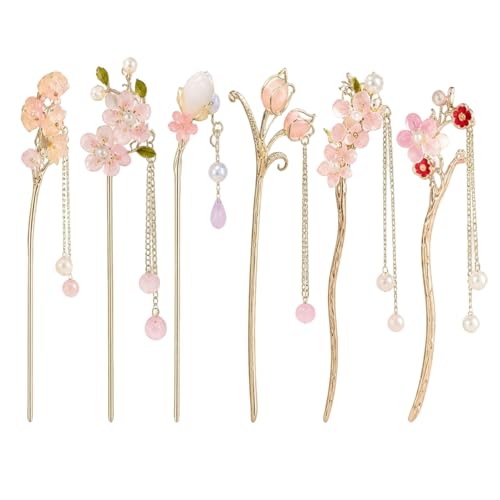 6 PCS Chinese Hair Sticks Set Pink Flower Tassel Hair Stick with Pearl Traditional Asian Metal Hair Chopsticks Long Hair Bun Updo Holders Accessories for Women Girls Hanfu Party Wedding