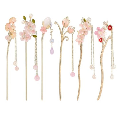6 PCS Chinese Hair Sticks Set Pink Flower Tassel Hair Stick with Pearl Traditional Asian Metal Hair Chopsticks Long Hair Bun Updo Holders Accessories for Women Girls Hanfu Party Wedding