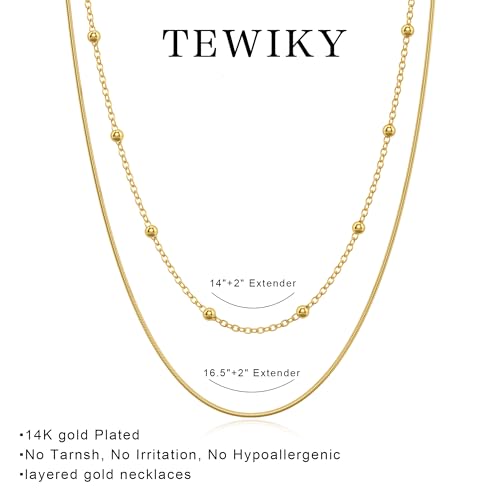 Tewiky Layered Necklaces for Women 14k Gold Plated Chain Necklace Set | Chunky Herringbone/Snake/Rope/Box/Cuban Link Chain for Women, Layering Stack Choker Necklace, Dainty Jewelry Set Non Tarnish - color: Layered Bead Gold