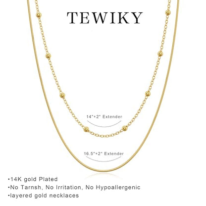 Tewiky Layered Necklaces for Women 14k Gold Plated Chain Necklace Set | Chunky Herringbone/Snake/Rope/Box/Cuban Link Chain for Women, Layering Stack Choker Necklace, Dainty Jewelry Set Non Tarnish - color: Layered Bead Gold