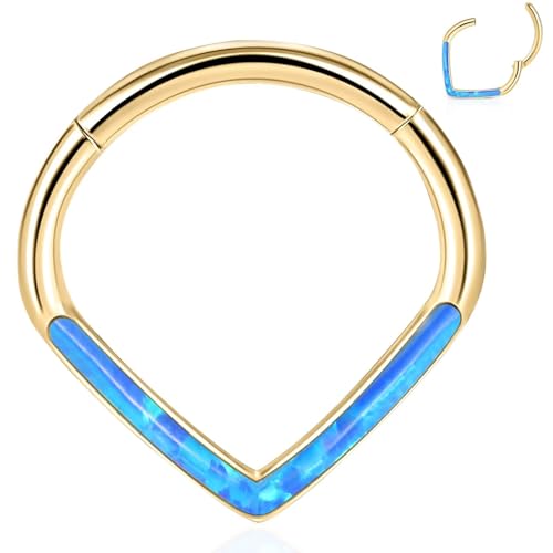 WBRWP 316L Stainless Steel Nose Hoop Rings Clicker with Zircon/Opal 14g-20g | Hypoallergenic Nose Rings Segment Clicker Lip Rings Cartilage Rook Conch Earrings Diameter 5mm-10mm - color: Teardrop with Blue Opal - Gold