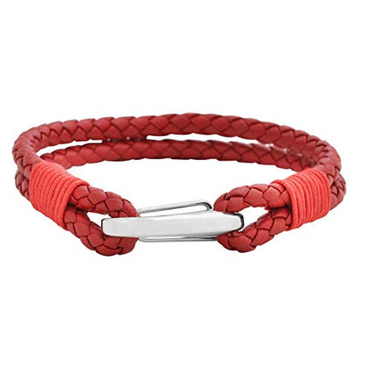 Edforce Braided Genuine Leather 2-Strand Cuff Bracelet with Stainless Steel Clasp - color: Red