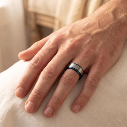 Tungsten Wedding Band Ring Black 10mm Men Women Comfort Fit 18k Rose Gold Step Edge Brushed Polished - color: Blue Grey Tungsten