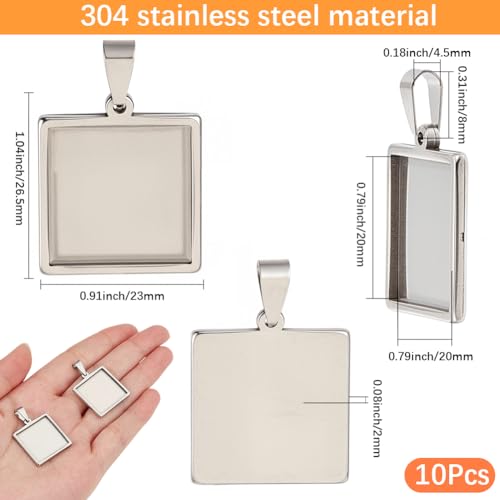 1 Box 10Pcs Stainless Steel Pendant Trays Square Bezel Pendant Trays Bulk Silver 20mm Small Cabochon DIY Charm Blank Bezel Base for Jewelry Making Resin Craft Photo Necklace Bracelets Adults - style: silver square
