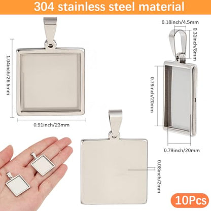 1 Box 10Pcs Stainless Steel Pendant Trays Square Bezel Pendant Trays Bulk Silver 20mm Small Cabochon DIY Charm Blank Bezel Base for Jewelry Making Resin Craft Photo Necklace Bracelets Adults - style: silver square