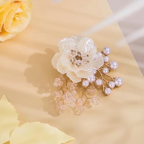 SELOVO Flower Crystal Brooch Bridal Simulated Pearl Brooch Pin Elegant Floral Broach for Prom - color: White