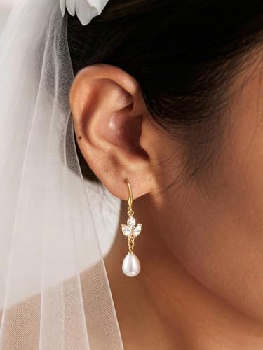 Pearl Drop Earrings 14K Gold Plated Dainty Bridesmaid Jewelry Gift - color: white
